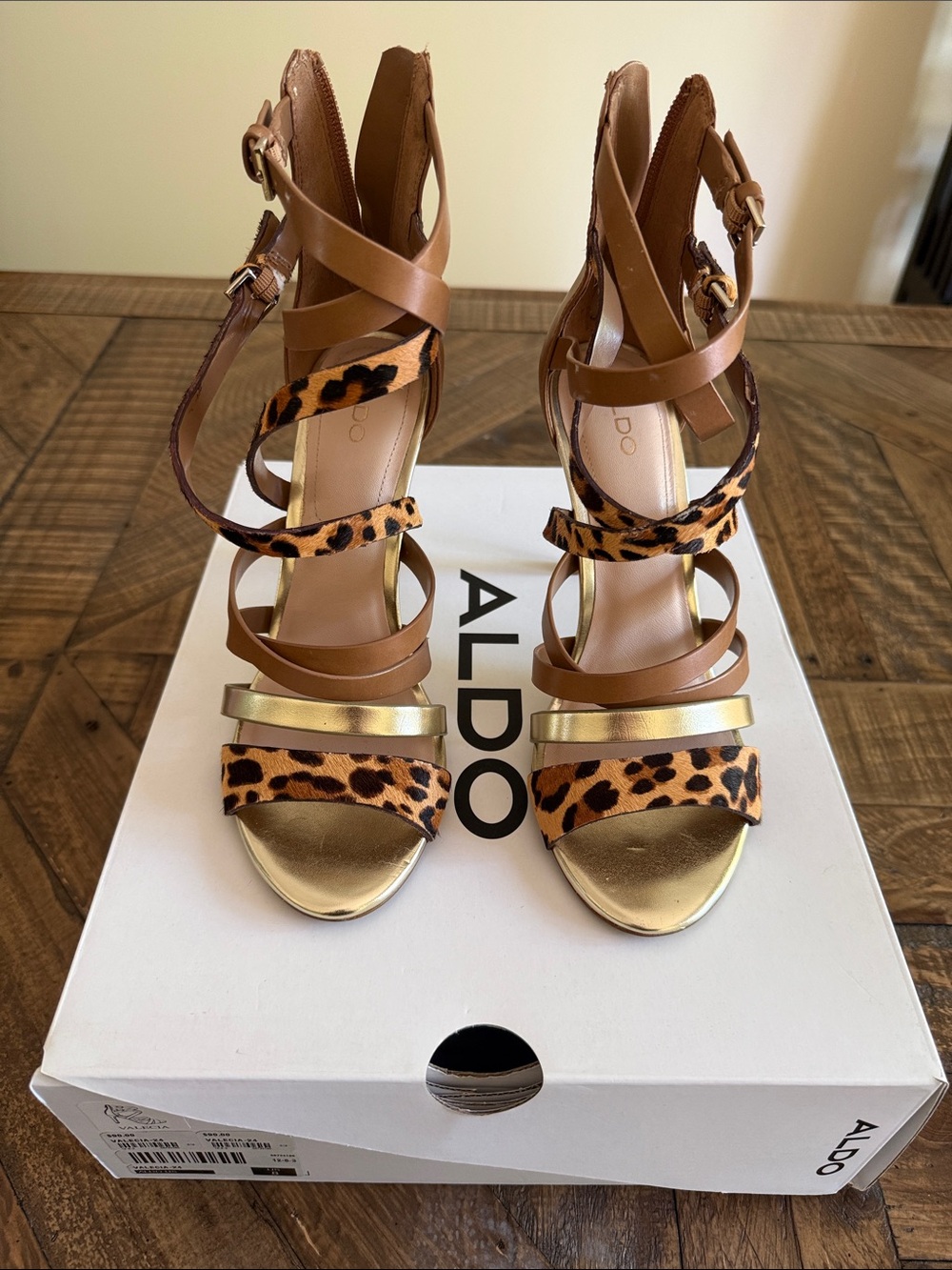 ALDO Tan and Gold Leopard-Print Strappy Heels